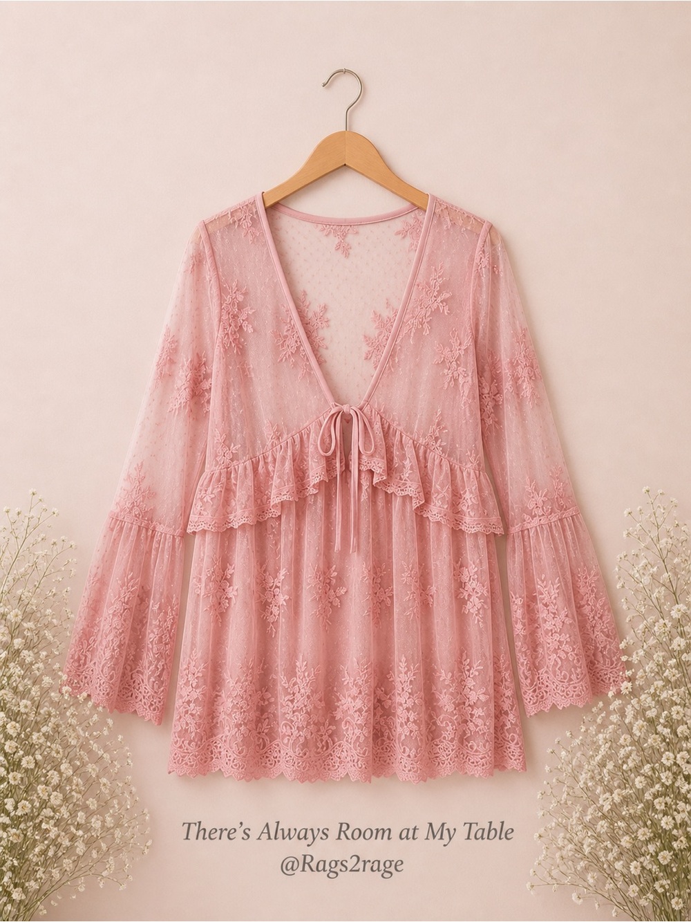Sheer Pink Lace Babydoll Top Bell Sleeve Boho Blouse Medium - Picture 3 of 8